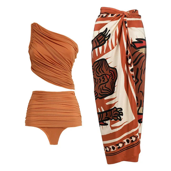 Two Piece Swimsuit with Beach Cover up Wrap Skirt Sarong Retro Floral Print Bikini Set